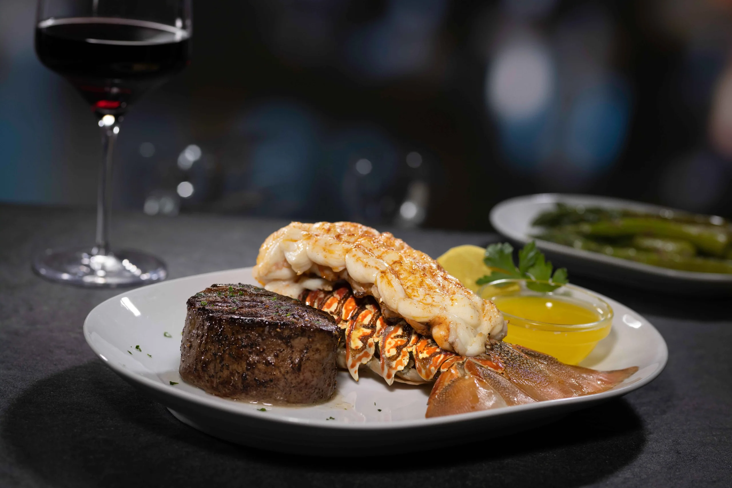 Center-cut filet mignon and South African lobster tail at Eddie V’s in Dallas