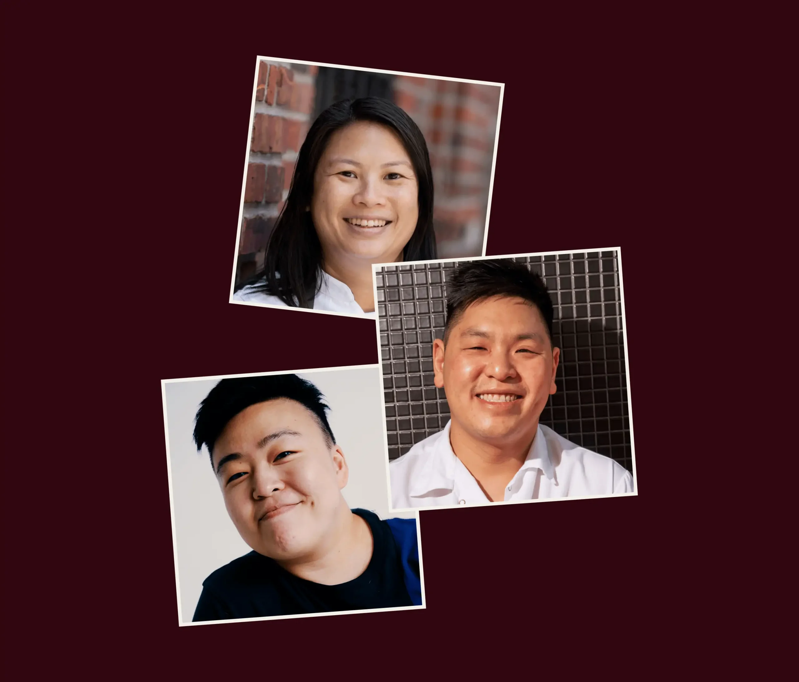 A photo collage of the New York chefs Christine Lau, Eric Huang, and Kyo Pang