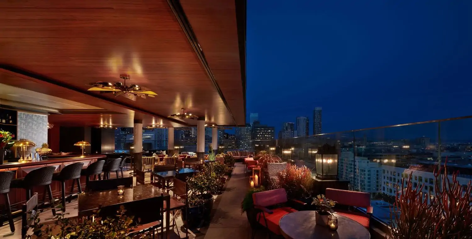 The open-air lounge at Shelby’s Rooftop, an OpenTable spot for the best San Francisco outdoor dining.