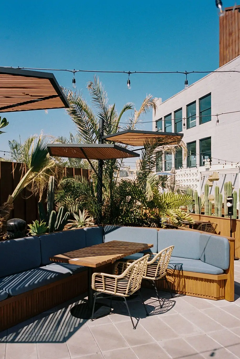 LA Cha Cha Chá’s large patio with cushioned banquettes, heaters, and portable shade structures. Reserve on OpenTable.