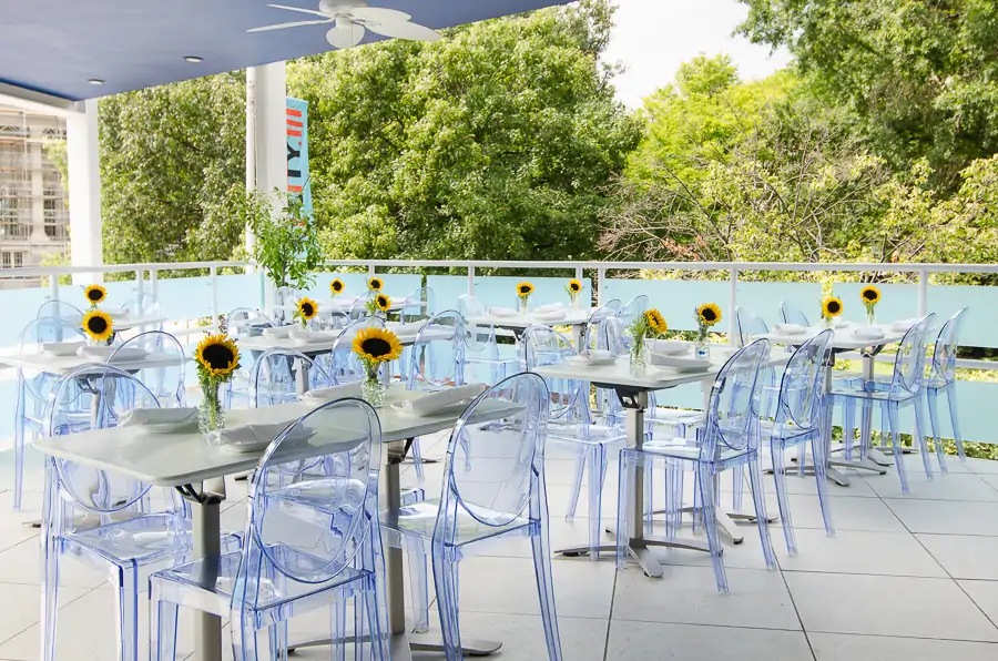 Sunflowers top the outdoor tables at Positano Coast by Aldo Lamberti in Philadelphia.