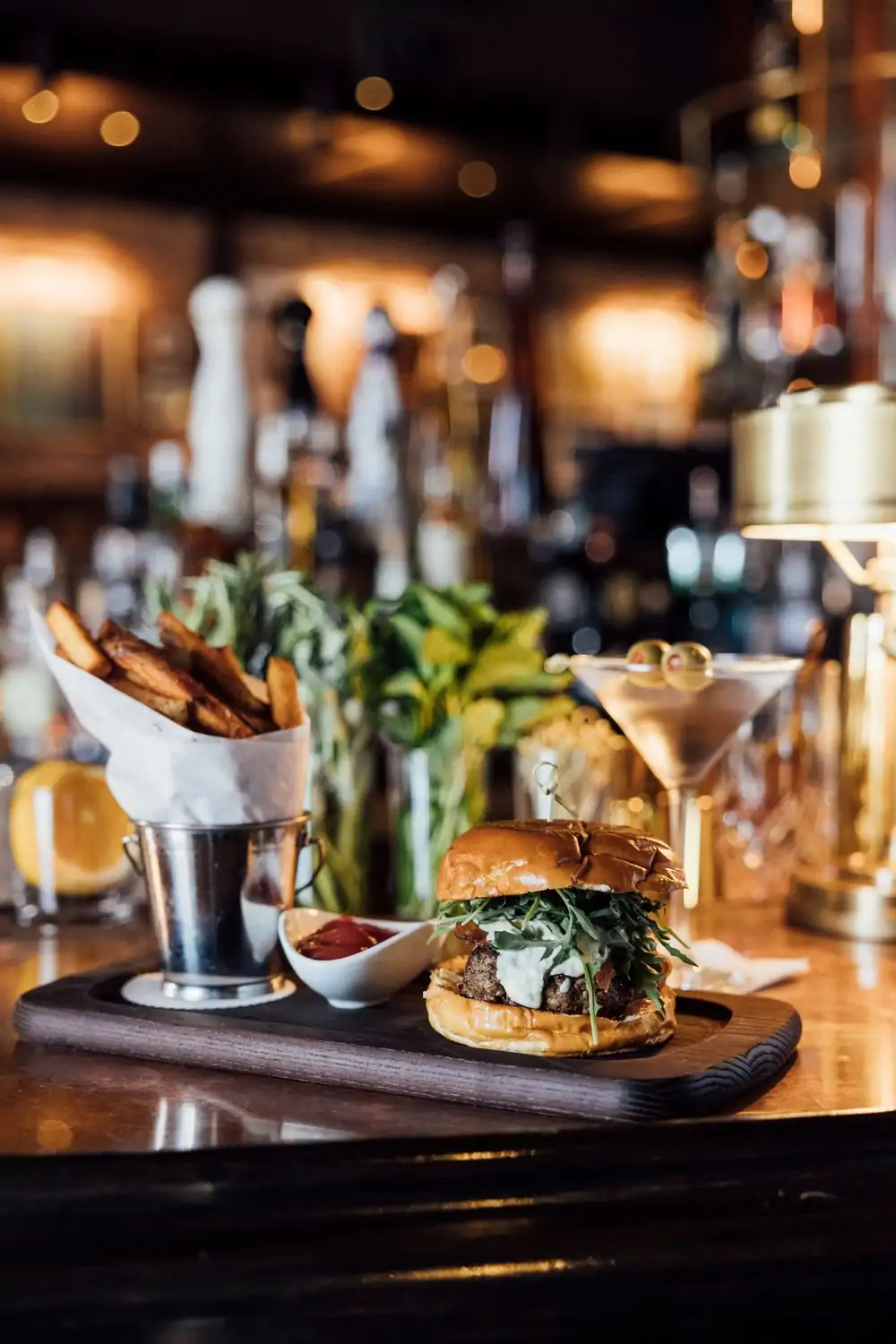 The upscale burger and classic martini at A PCH, one of OpenTable’s best outdoor restaurants in Los Angeles.