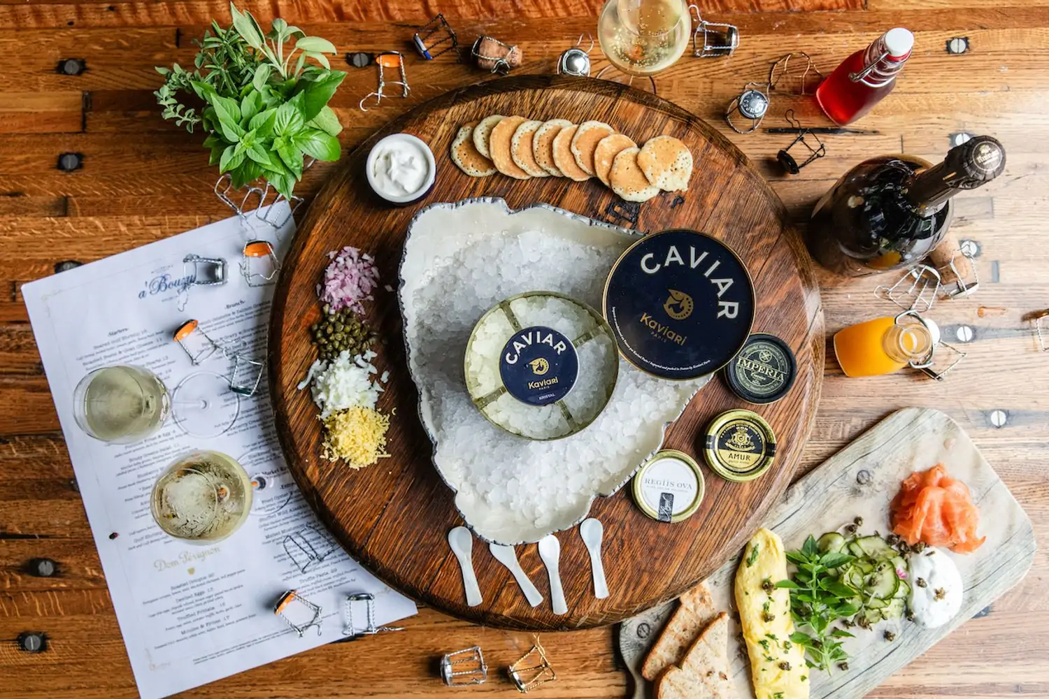 Caviar and sparking wine at a’Bouzy in Houston, available on OpenTable.