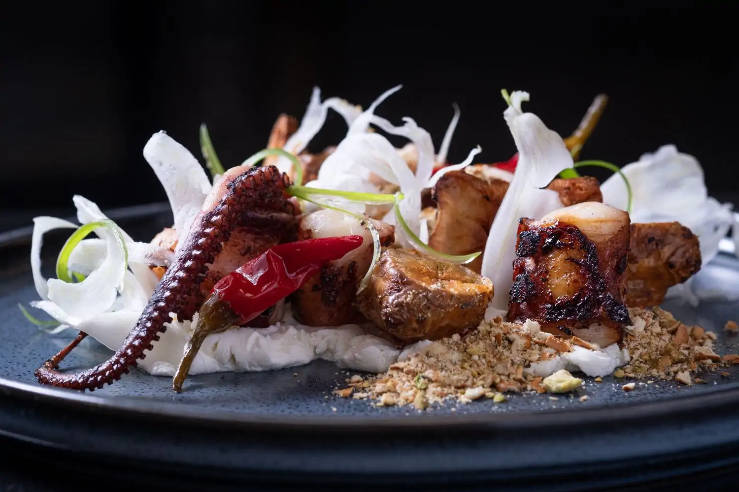 A charred octopus antipasto with layers of fingerling potatoes, octopus, Sicilian pistachios, and fennel on top of a bed of goat cheese with horseradish at Adalina, one of the best Italian restaurants in Chicago. Book on OpenTable.