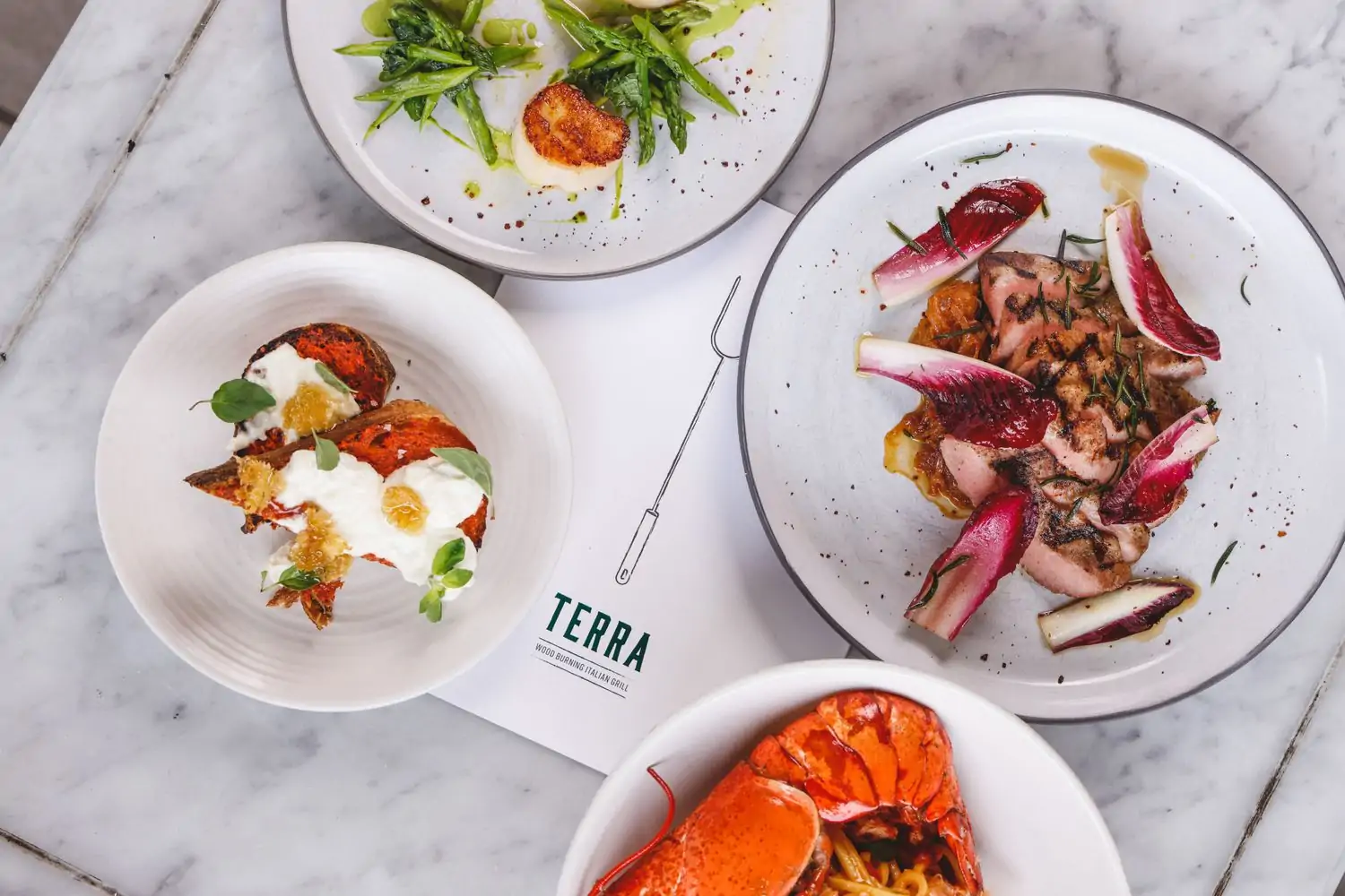 Dishes include wood-fired scallops, steak, toasted artisan bread, creamy cheese, and lobster, at Terra, one of the best restaurants in Dallas. Available at OpenTable.