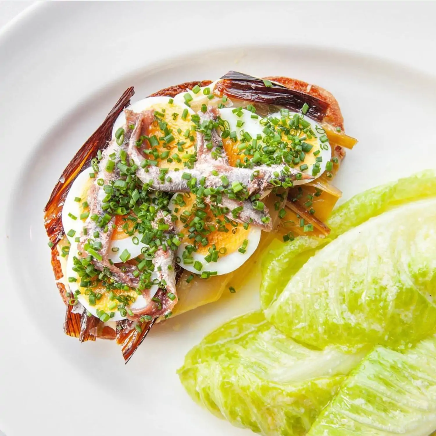 A stark white plate of toast topped with anchovies, hard-boiled eggs, and chives with a side of lettuce at Osteria Mozza, one of the best Hollywood Los Angeles restaurants available to book on OpenTable.