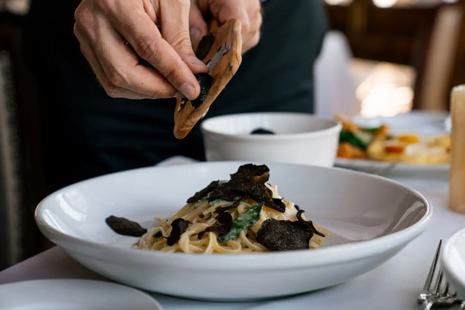 A plate of fresh pasta with basil leaves and black truffles, with someone grating black truffles over it at Sorrento Ristorante Italiano, one of the best cozy restaurants in Houston you can find on OpenTable.