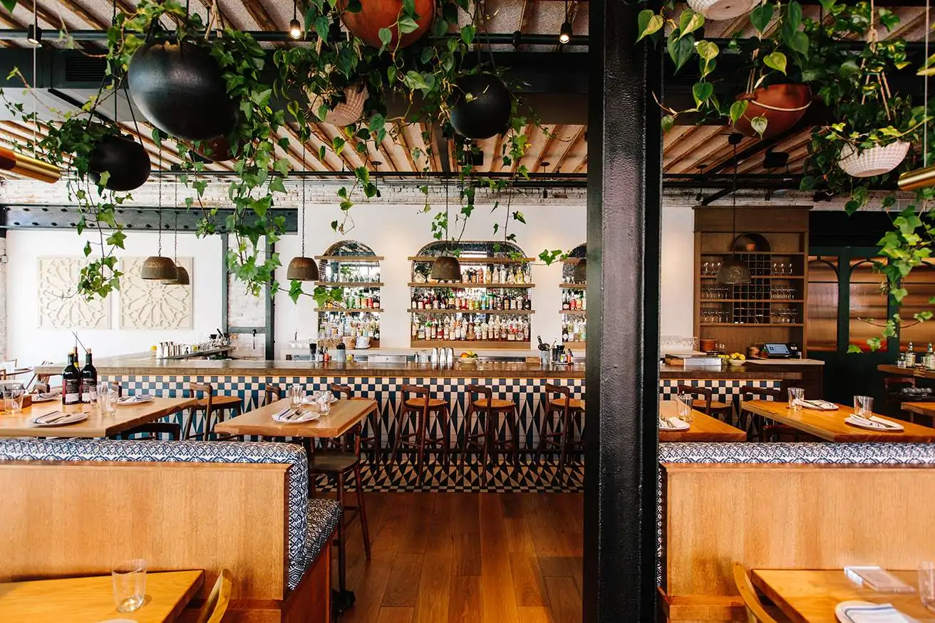 Plants in various baskets hang from the ceiling at Rose Mary, one of the best date restaurants in Chicago. Book on OpenTable.
