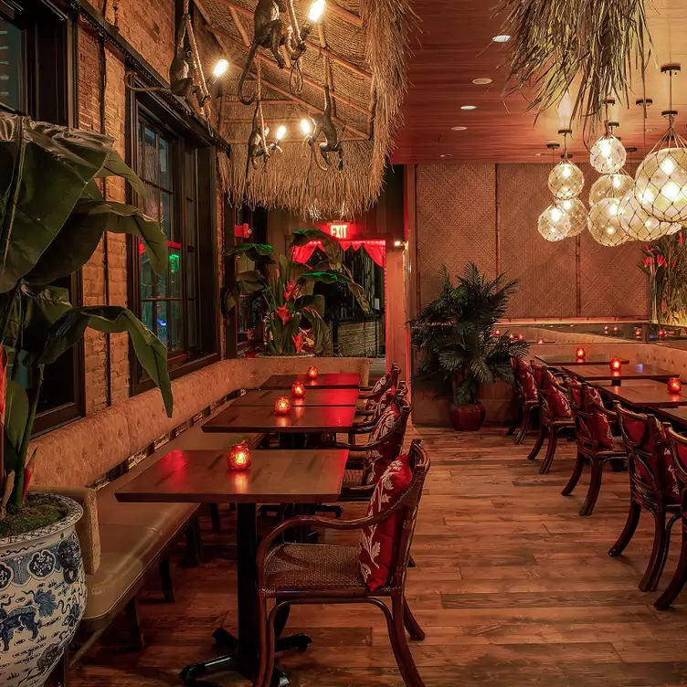 The dining room at Wusong Road, one of Boston's best vegetarian OpenTable restaurants. It is decorated with lush greenery, red accents, and bamboo light fixtures, creating a tropical oasis feel.