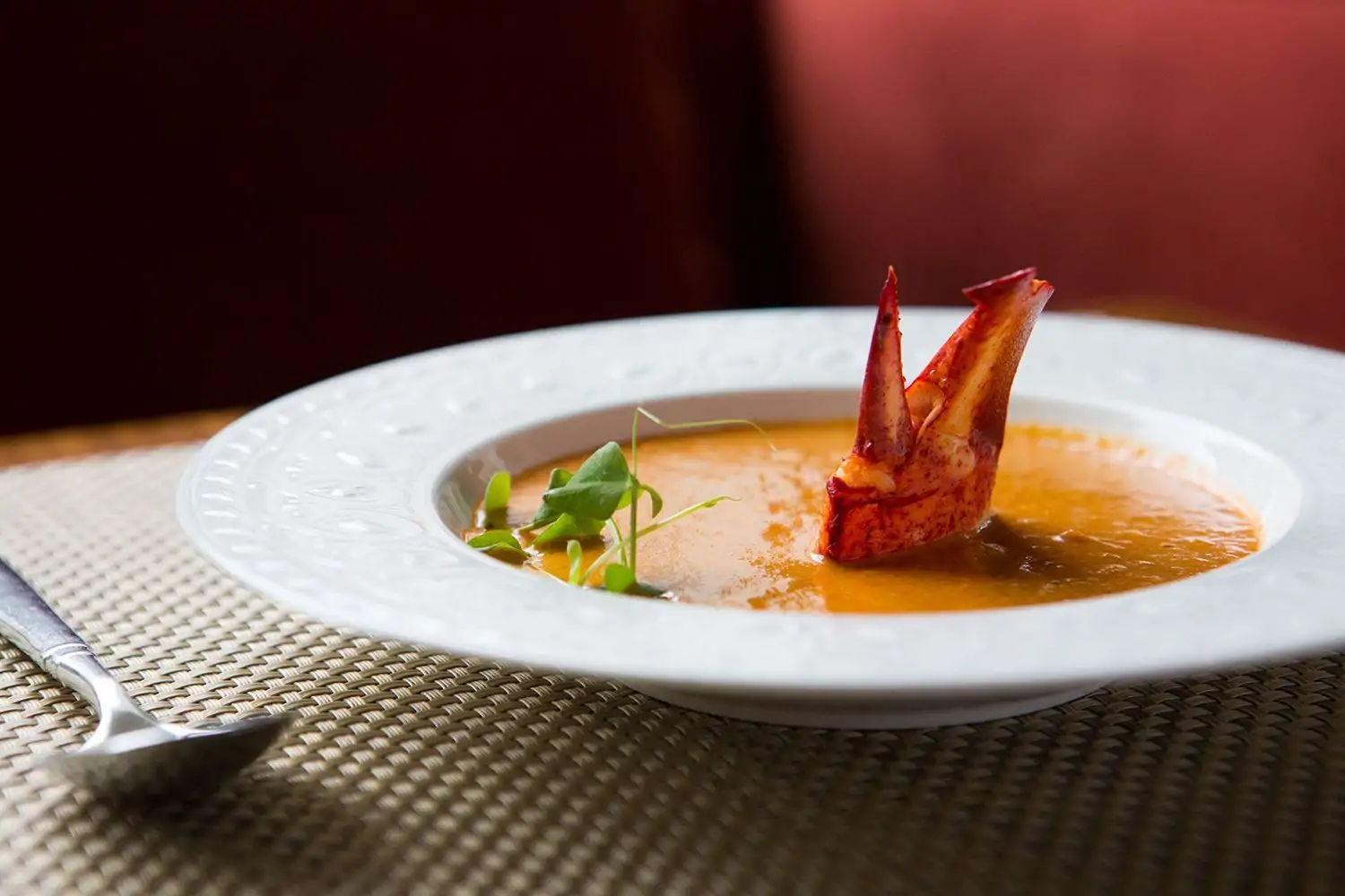 A close-up of a bowl of lobster bisque from the Kiran’s, one of the best Indian restaurants in Houston, Texas on OpenTable. The soup is in a white patterned bowl garnished with a red lobster claw and microgreens.