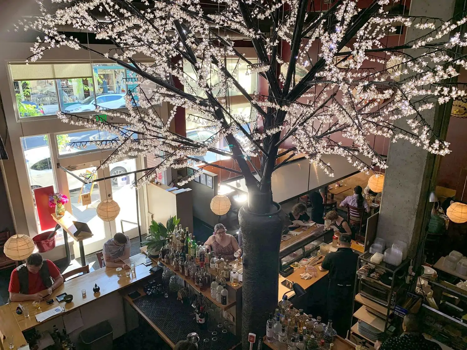 Restaurant interior highlighting a central decorative tree with white blossoms, a bar area with bottles, hanging paper lanterns, and customers seated at tables and the bar at Moshi Moshi Sushi, one of the best sushi restaurants in Seattle available to book on OpenTable.