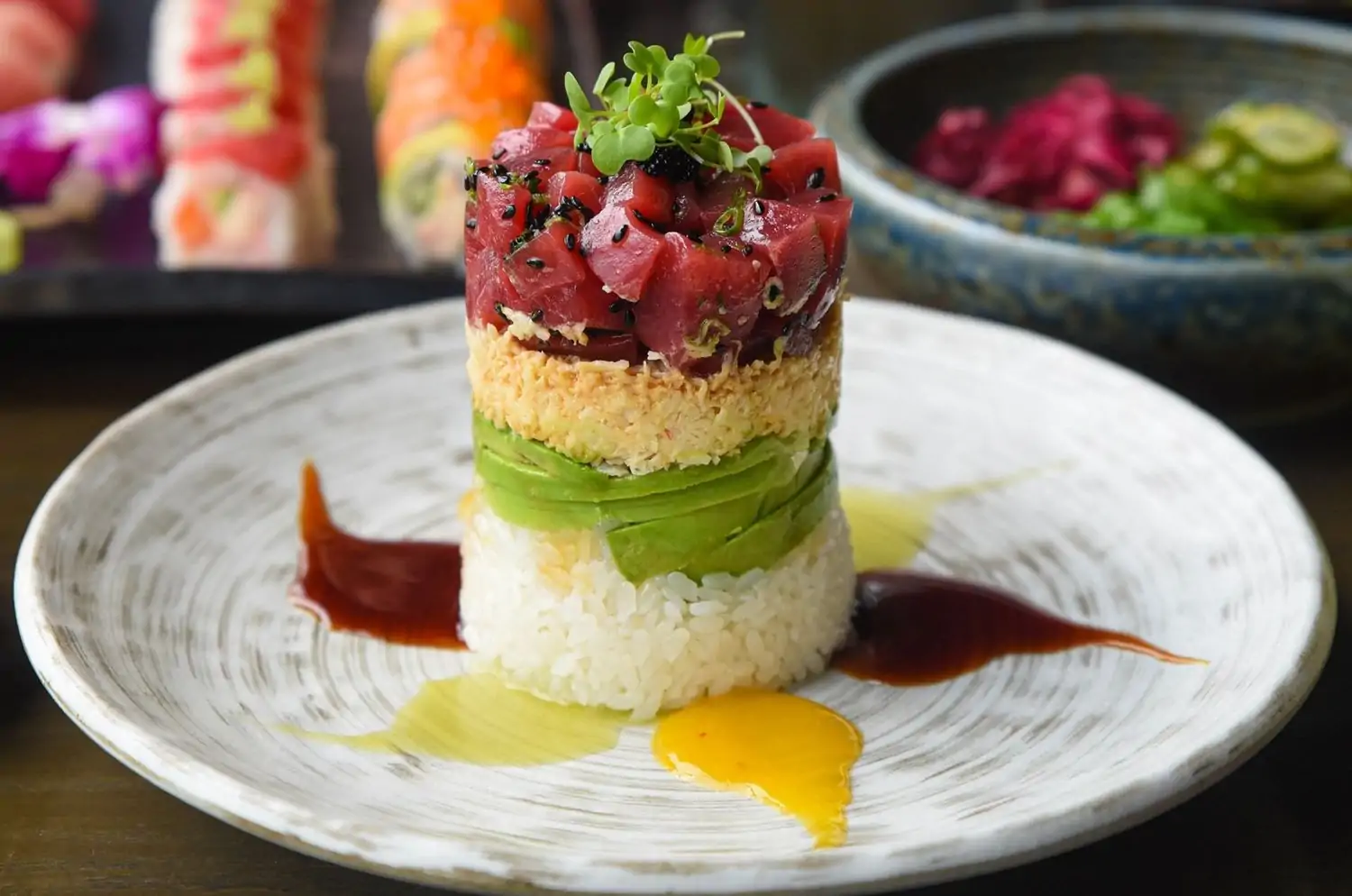 A colorful platter of sushi at Blue Sushi Sake Grill, a top family-friendly spot in Houston. Book on OpenTable.
