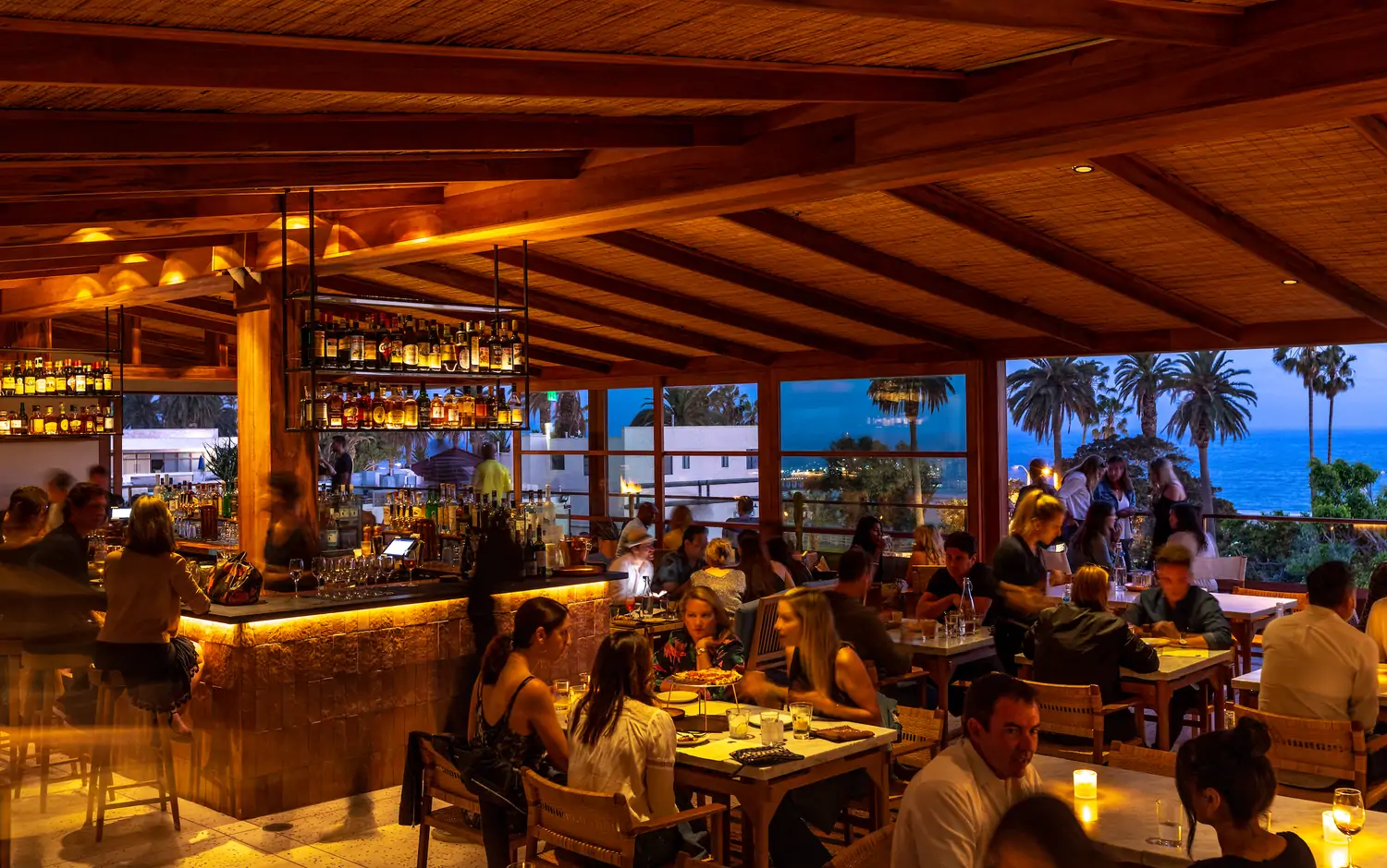 An open-air bar and dining room at Élephante, one of the best restaurants in Santa Monica with an ocean view. Book Available on OpenTable.