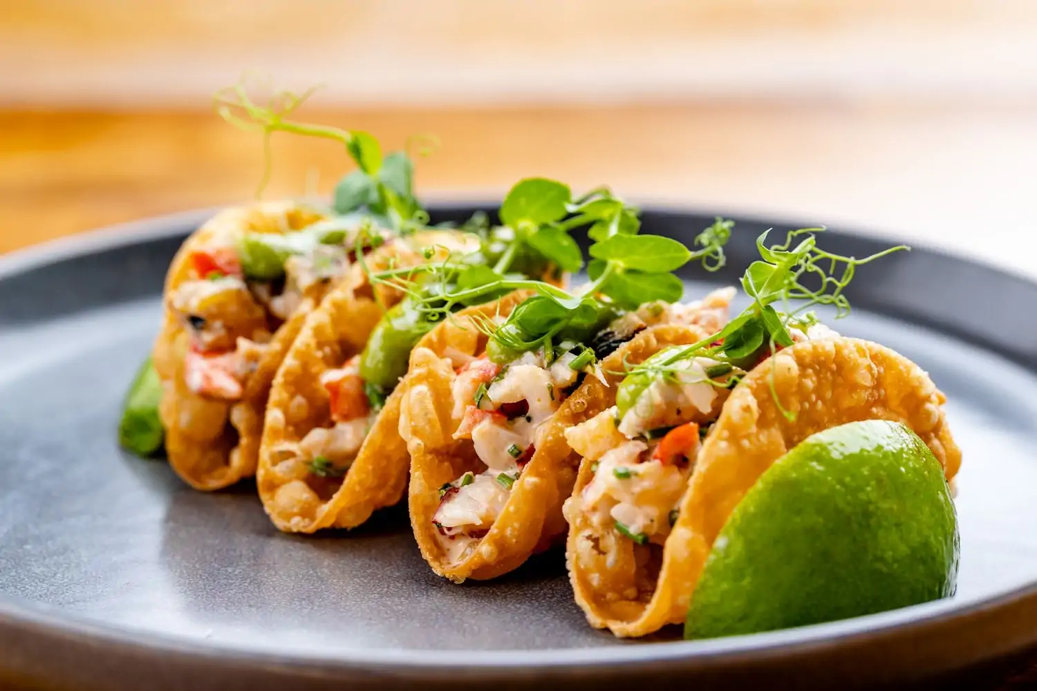 Four hardshell shrimp tacos at La Pulperia, one of the best Hell's Kitchen restaurants in NYC, on OpenTable.