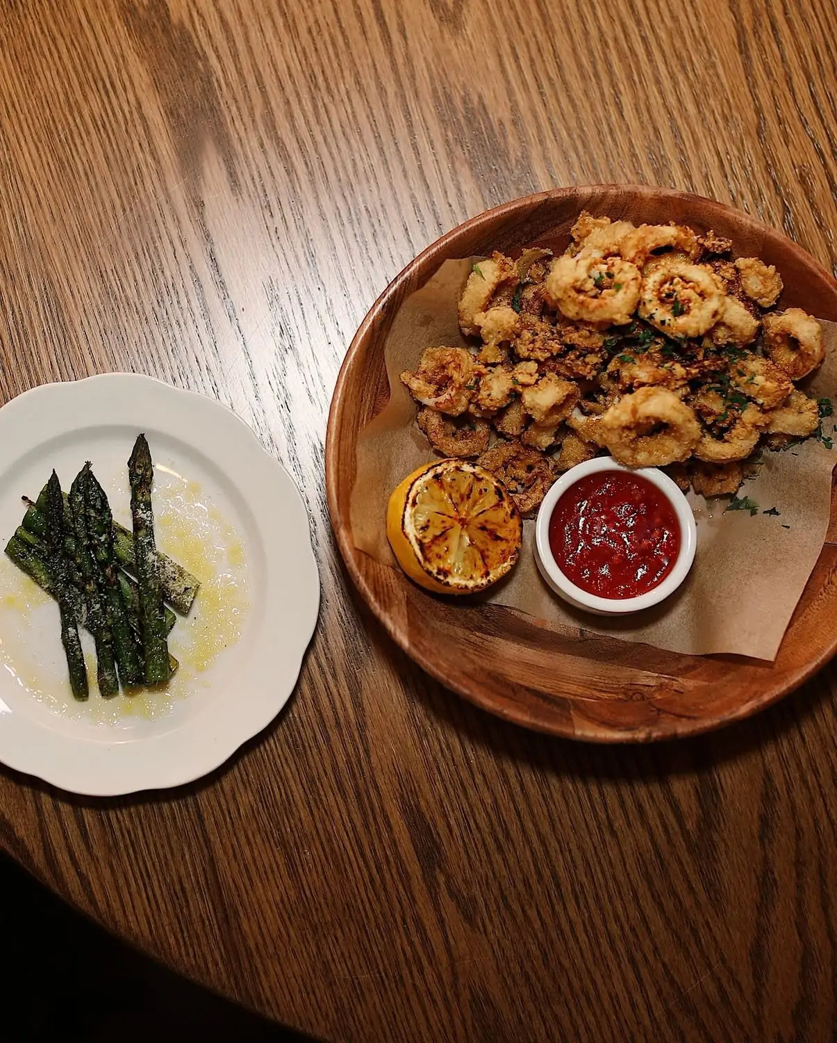 fried calamari and grilled asparagus at A SIDE / B SIDE Pizza Pasta Bar, NYC, on OpenTable.