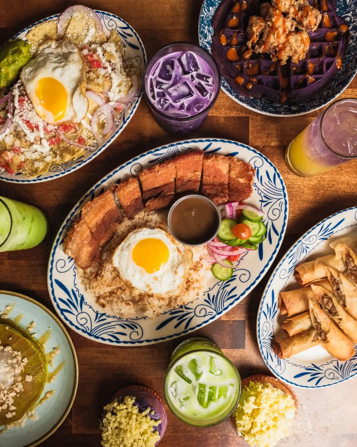 An overhead view of brunch dishes from Cebu in Lakeview, Chicago—available on OpenTable.