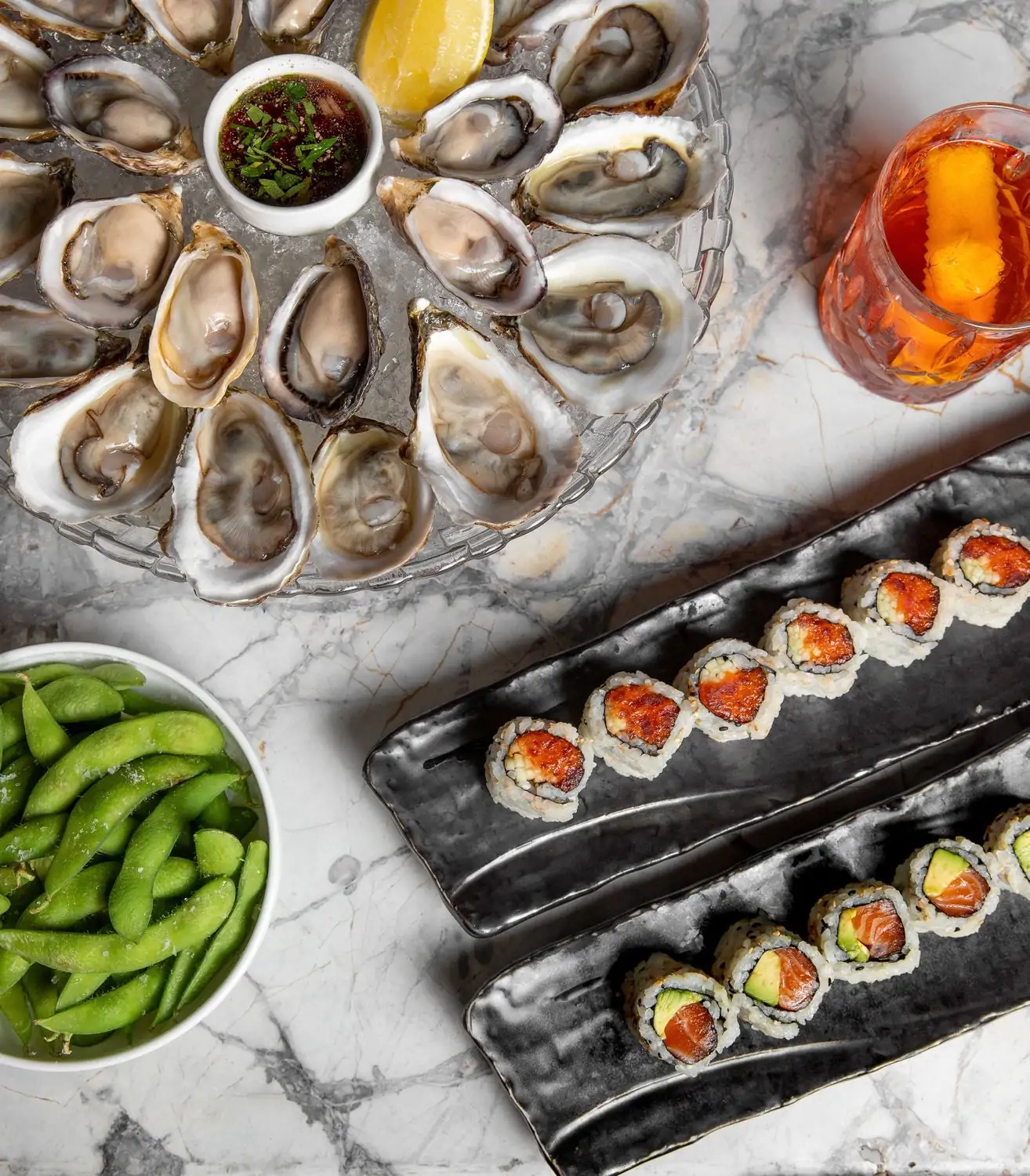 Sushi platters, edamame, and oysters at Oceans in New York City, reserve a table on OpenTable.