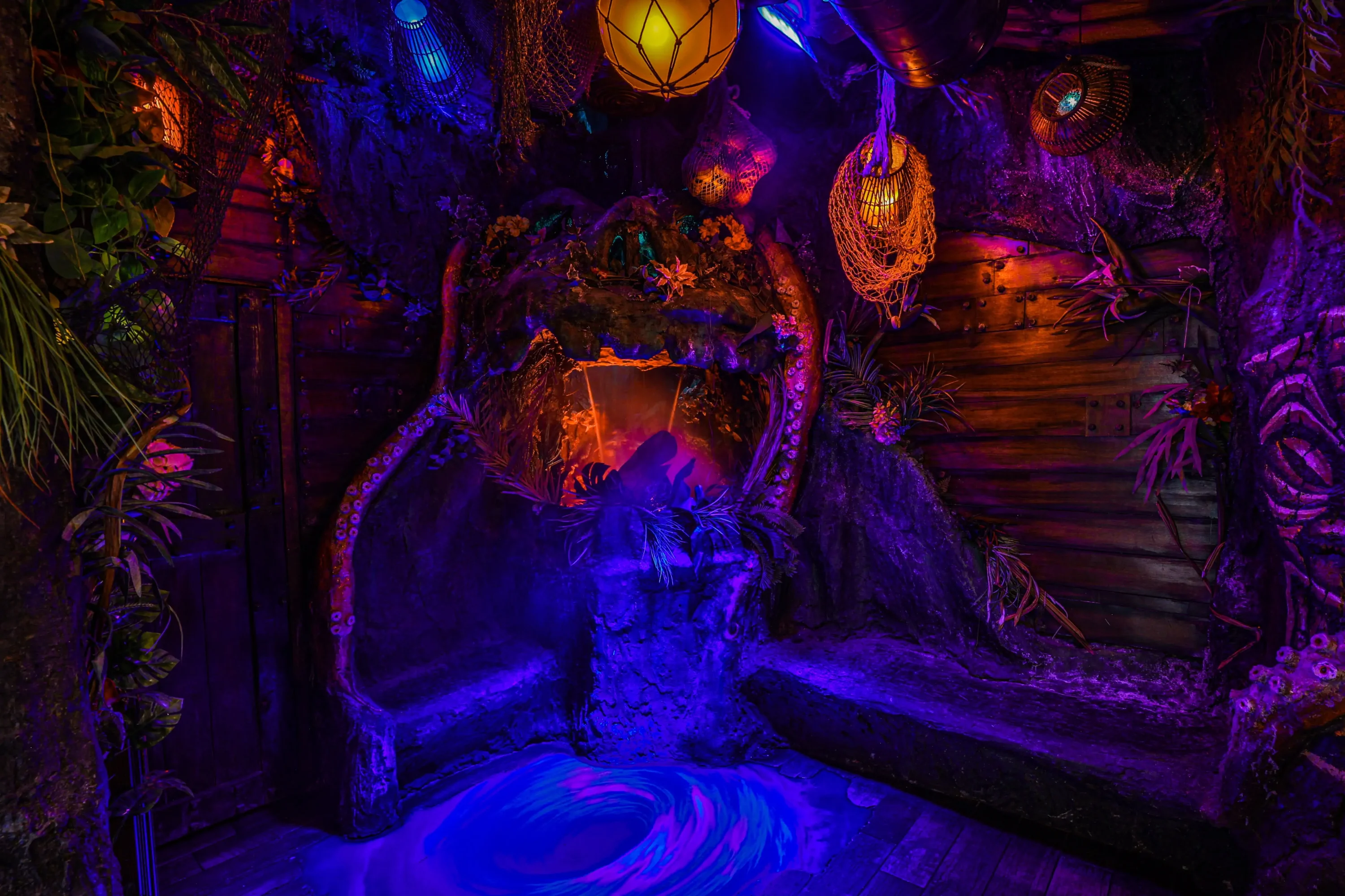 A waterfall seating area called zombie grotto at Anaheim tiki bar Strong Water