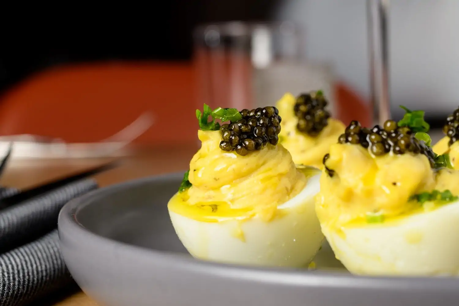 Deviled eggs on a plate at Chicago restaurant ETC.