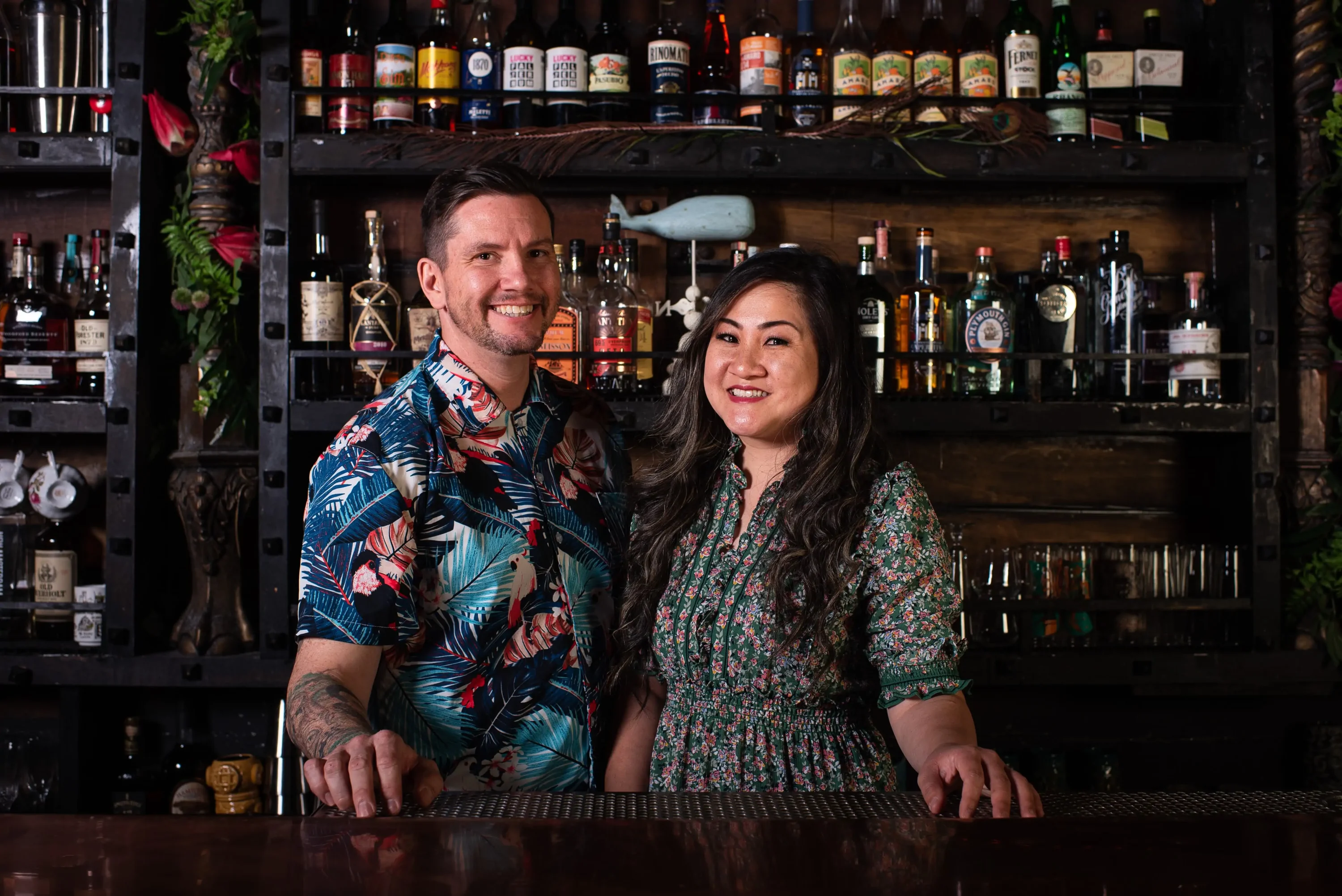 The owner of Anaheim tiki bar Strong Water Robert Adamson, on the left, and Ying Chang on the right.