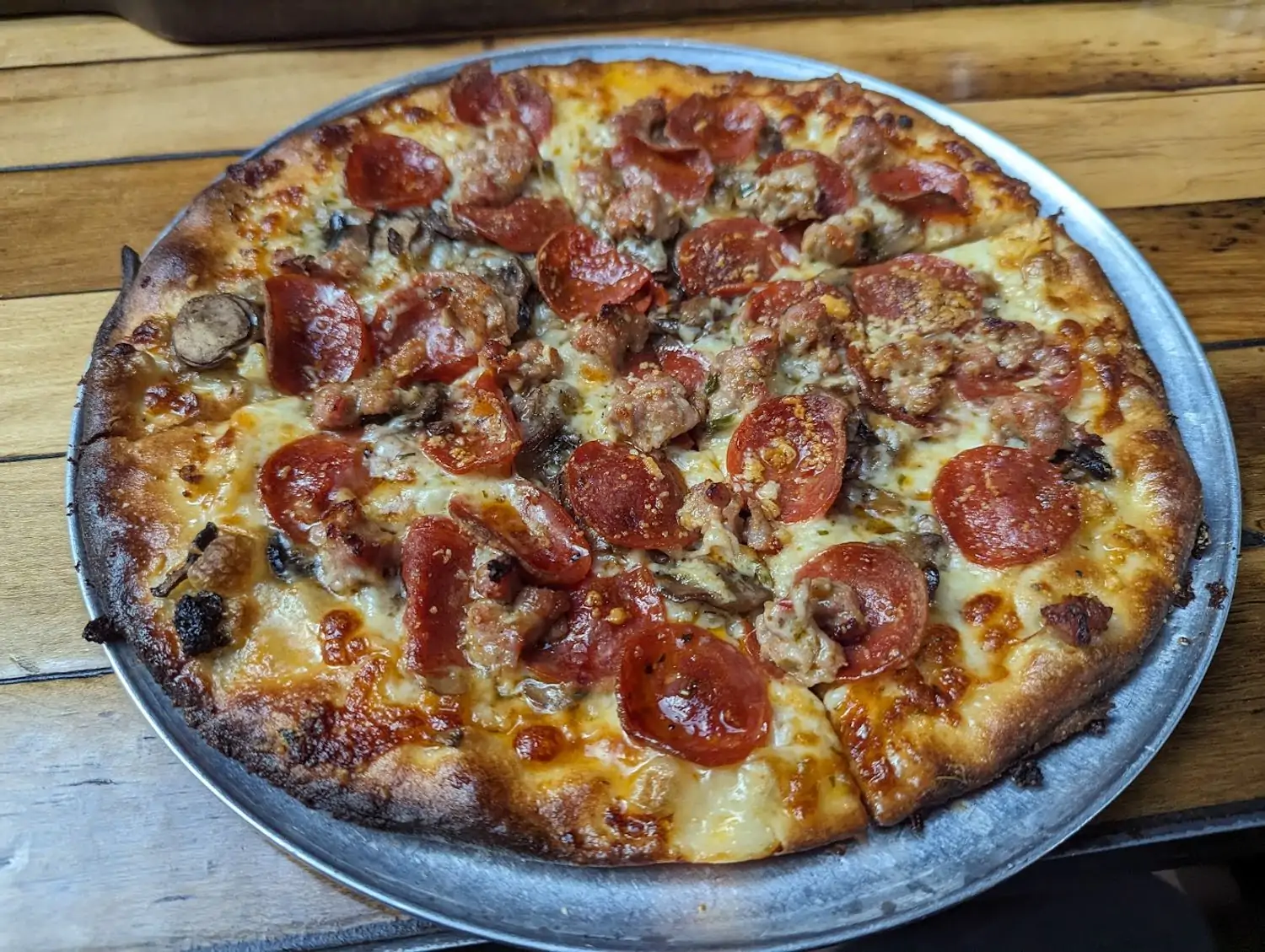 A pepperoni pizza at Chicago restaurant Piece Brewery and Pizzeria
