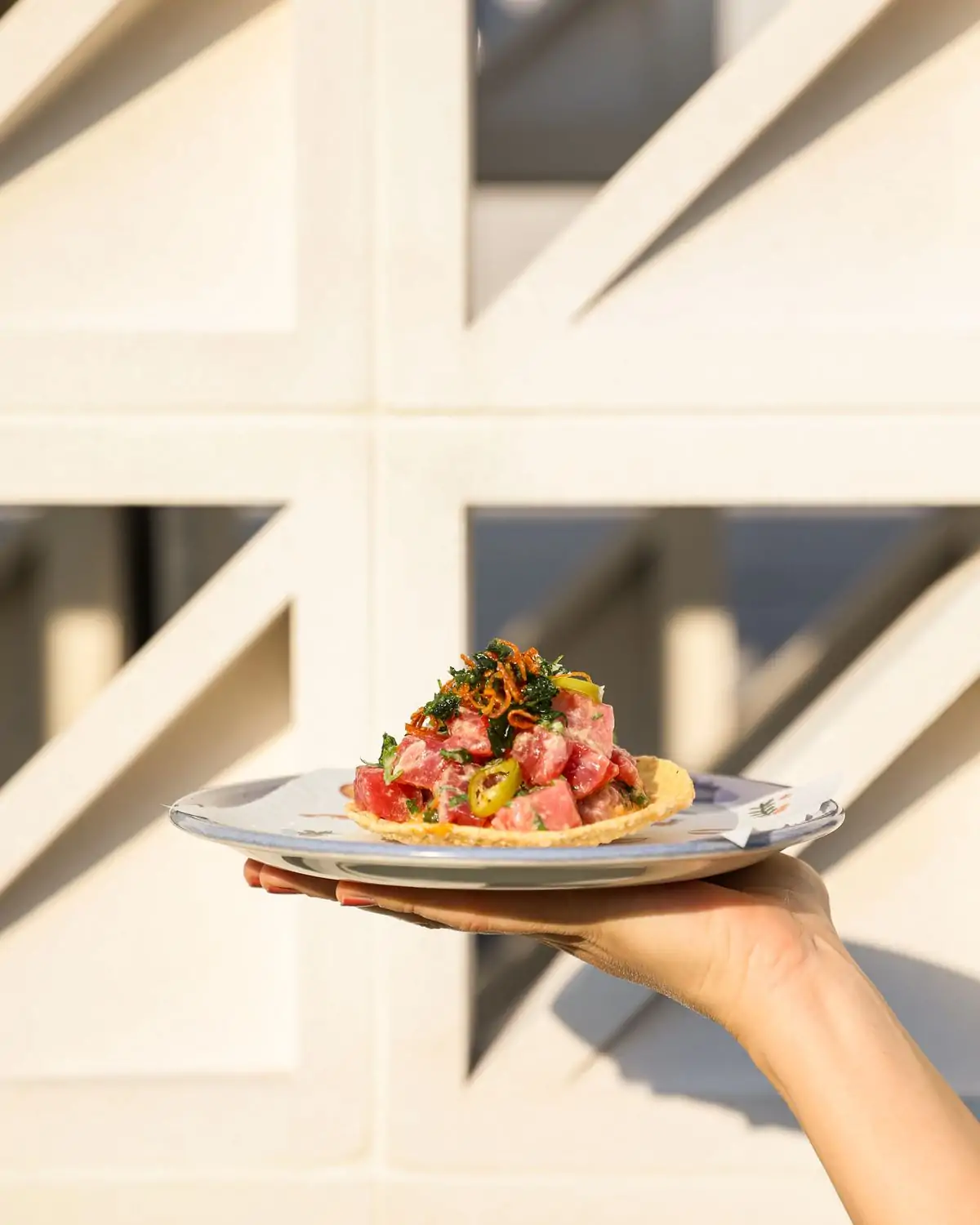 A hand holding a plate with one bluefin tuna tostada at LA Cha Cha Chá, on OpenTable.