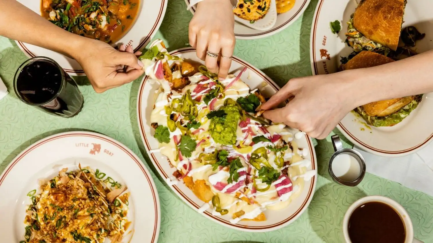 An overhead view of comfort foods from Little Goat, one of the best restaurants in Lakeview, Chicago, on OpenTable.