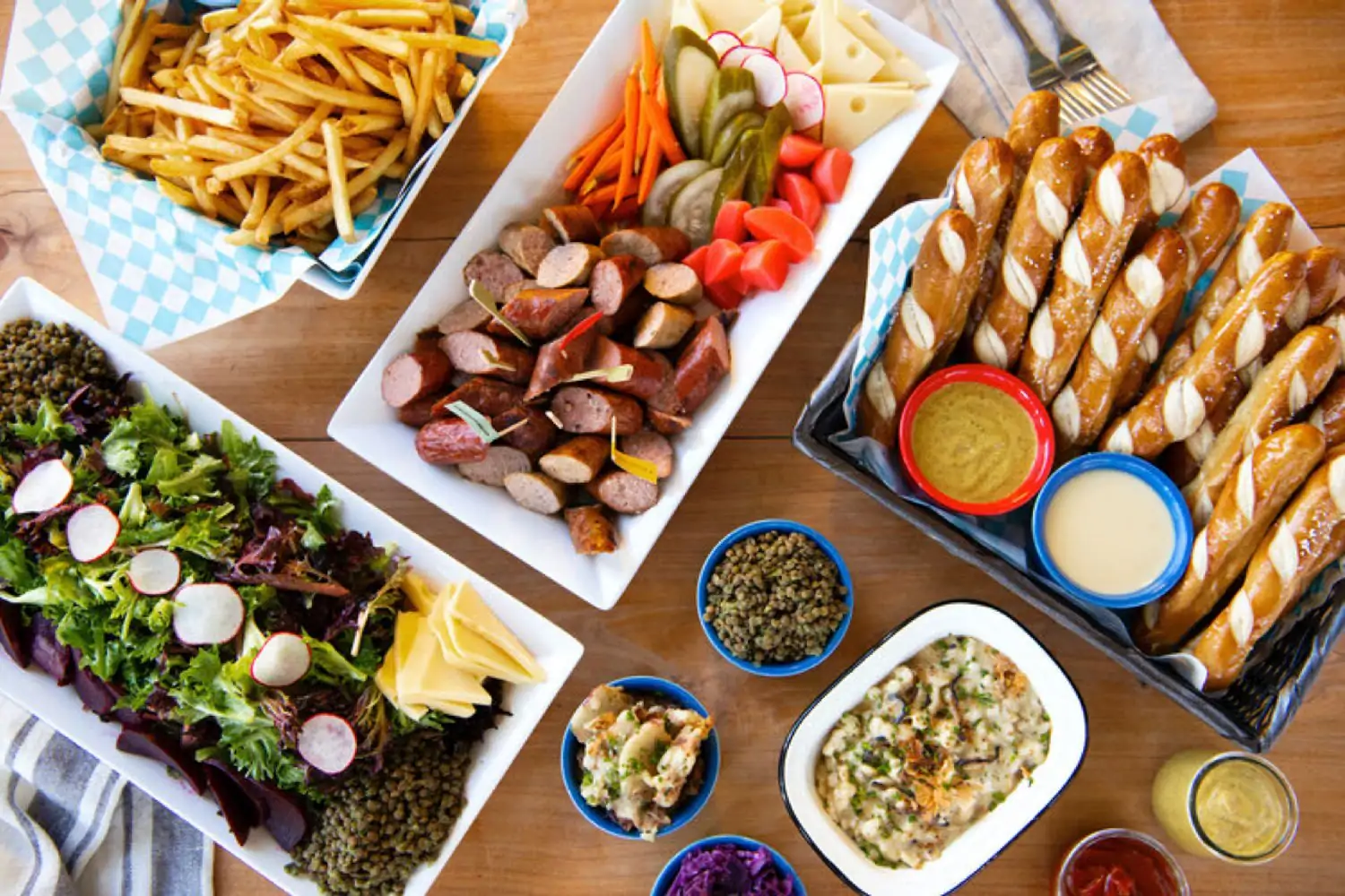 An overhead view of menu items from Willkommen, in San Francisco, and available on OpenTable.