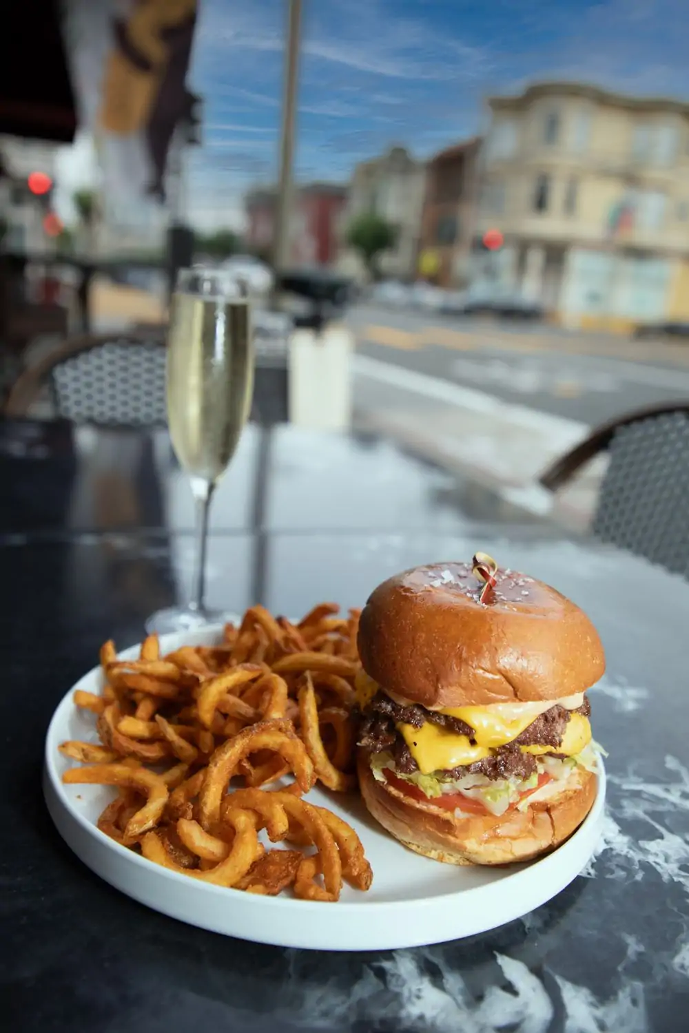 A burger on the patio from Scopo Divino, one of the best restaurants in Pacific Heights, San Francisco, on OpenTable.