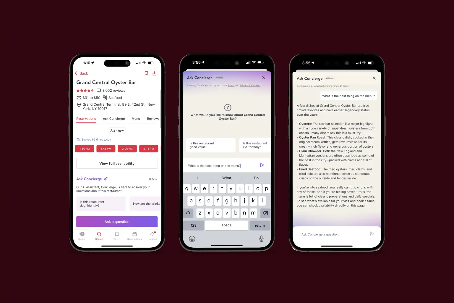 An OpenTable mobile app interface is shown, highlighting an AI-powered Concierge feature that answers restaurant-specific questions like menu recommendations, seen across three phone screens with a restaurant page, a question input screen, and a detailed AI response screen.