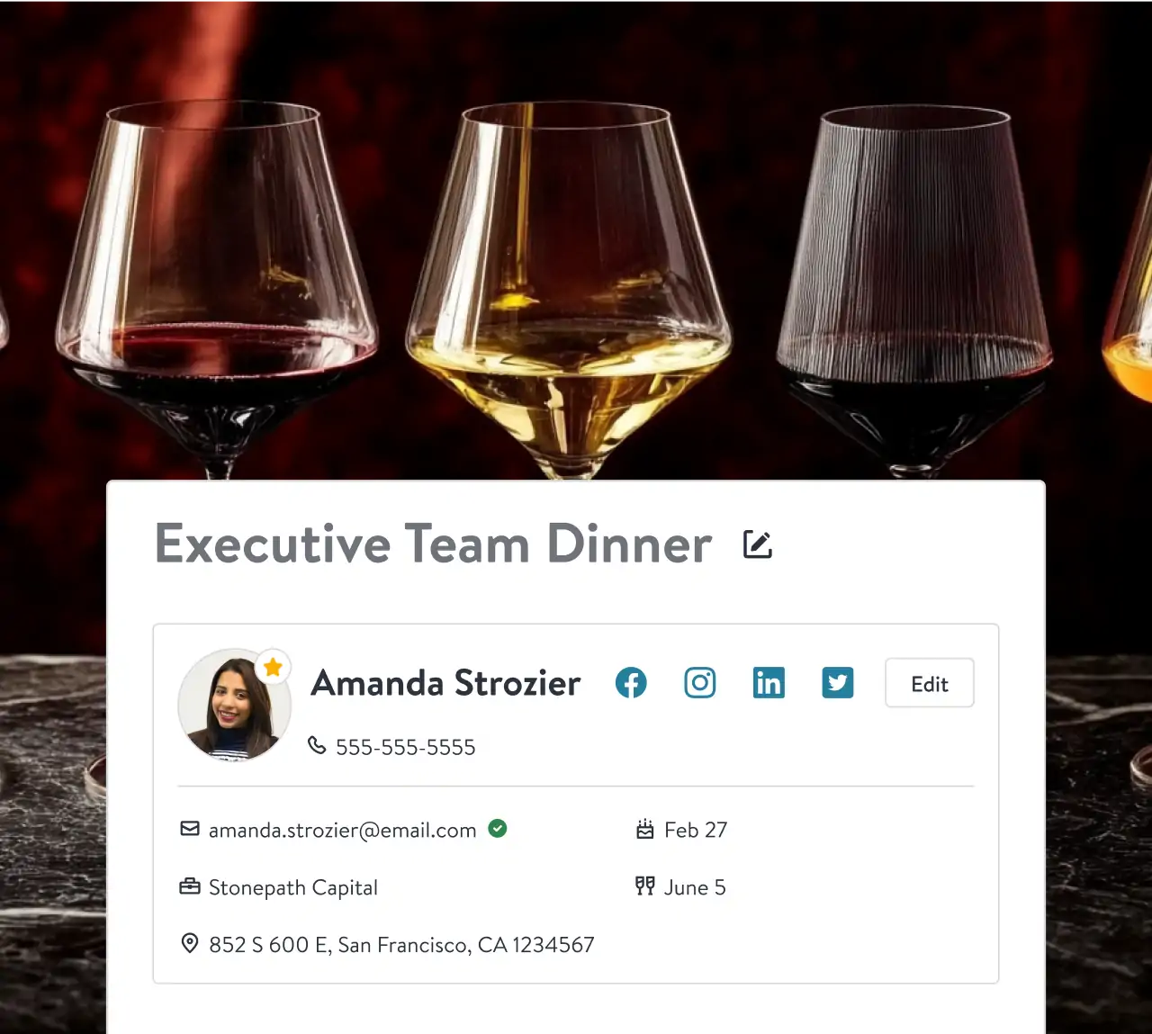 Profile card for an 'Executive Team Dinner' overlaid on a background image of wine glasses filled with red and white wine.