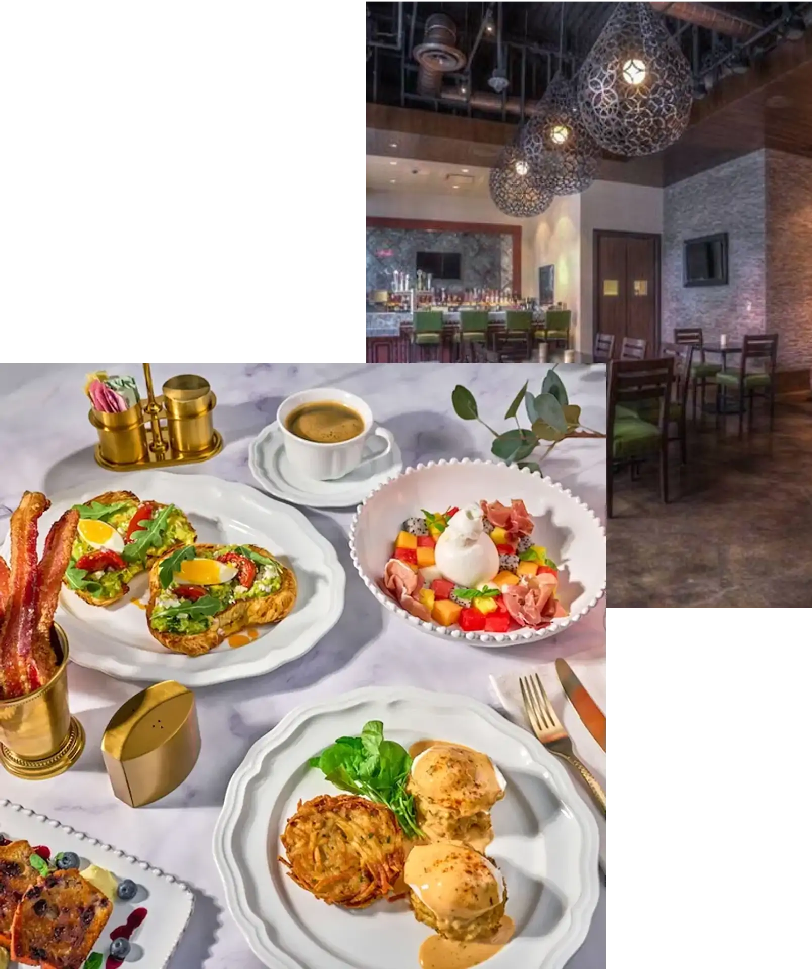 Collage of images accompanying the client testimonial, showing an elegant restaurant interior and several expertly plated dishes including brunch items and entrees.