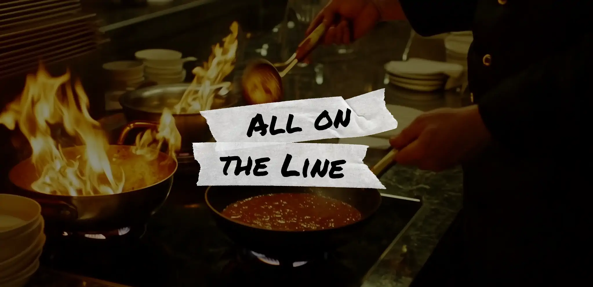 ALL ON THE LINE - An OpenTable Webinar Series. Promotional banner with chef cooking and flames in background, representing restaurant industry resilience.