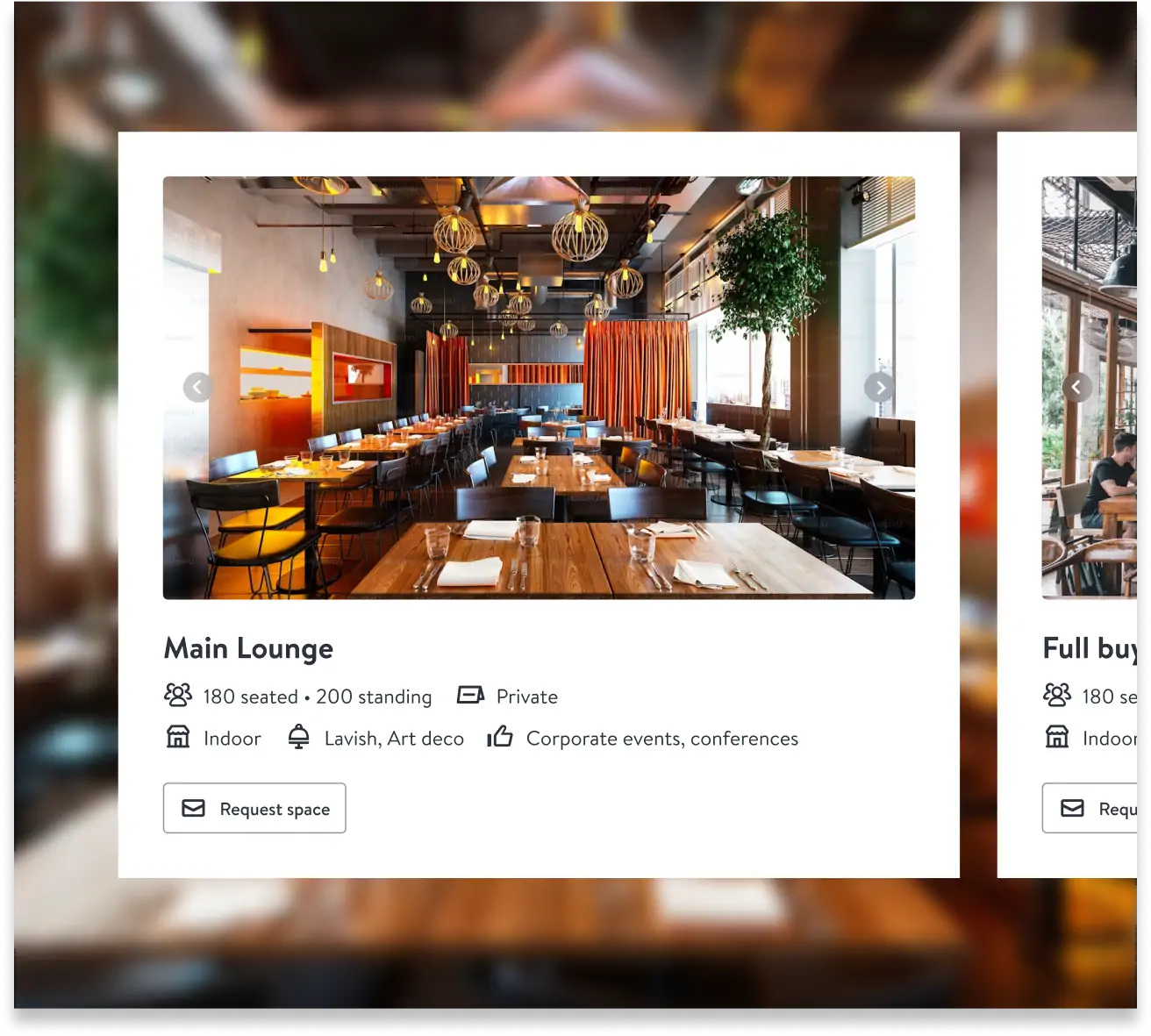 Interior of the Main Lounge at a venue, featuring long wooden tables, modern lighting, and seating for 180-200 guests, suitable for private corporate events