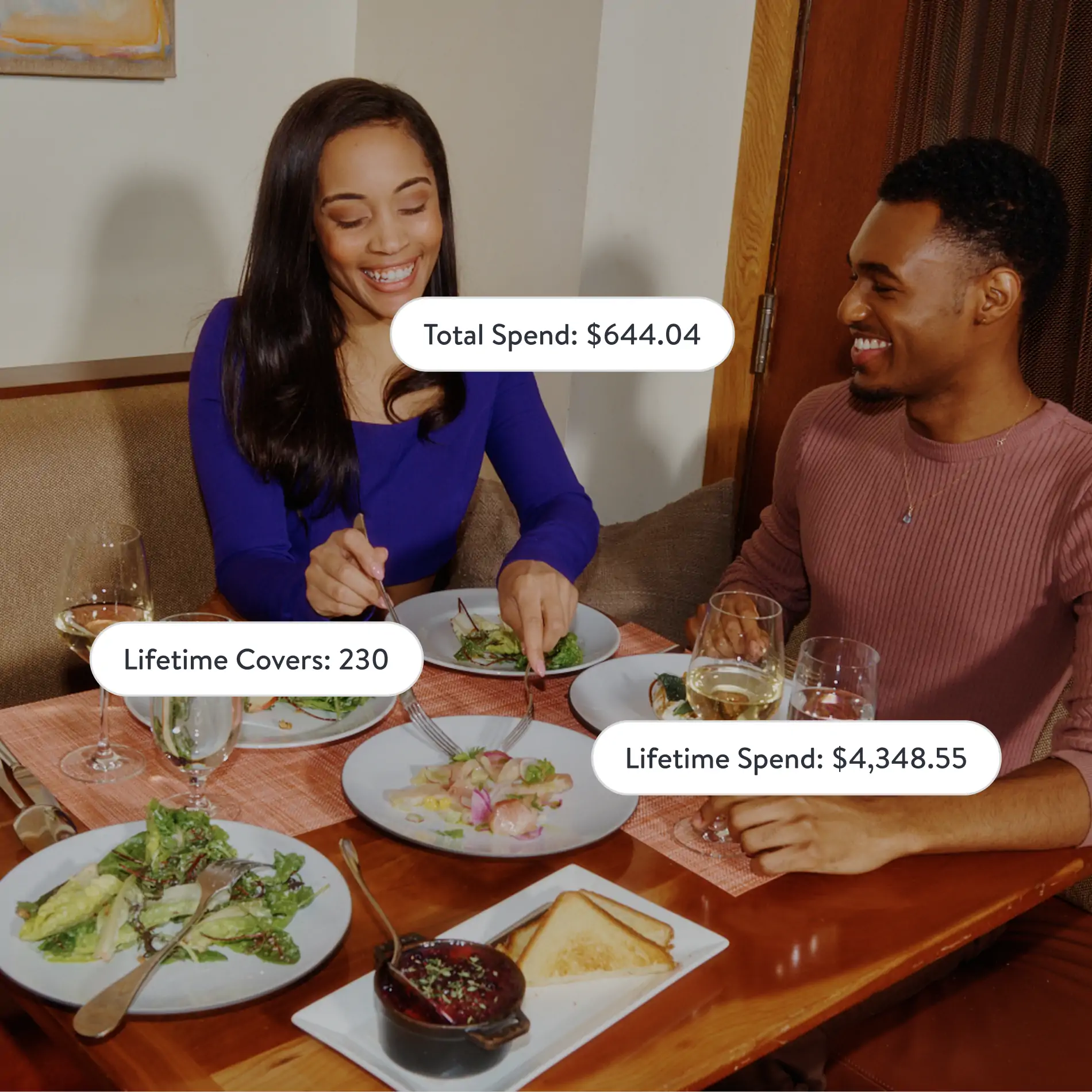 A man and a woman are smiling at each other while seated at a restaurant table with food and wine.