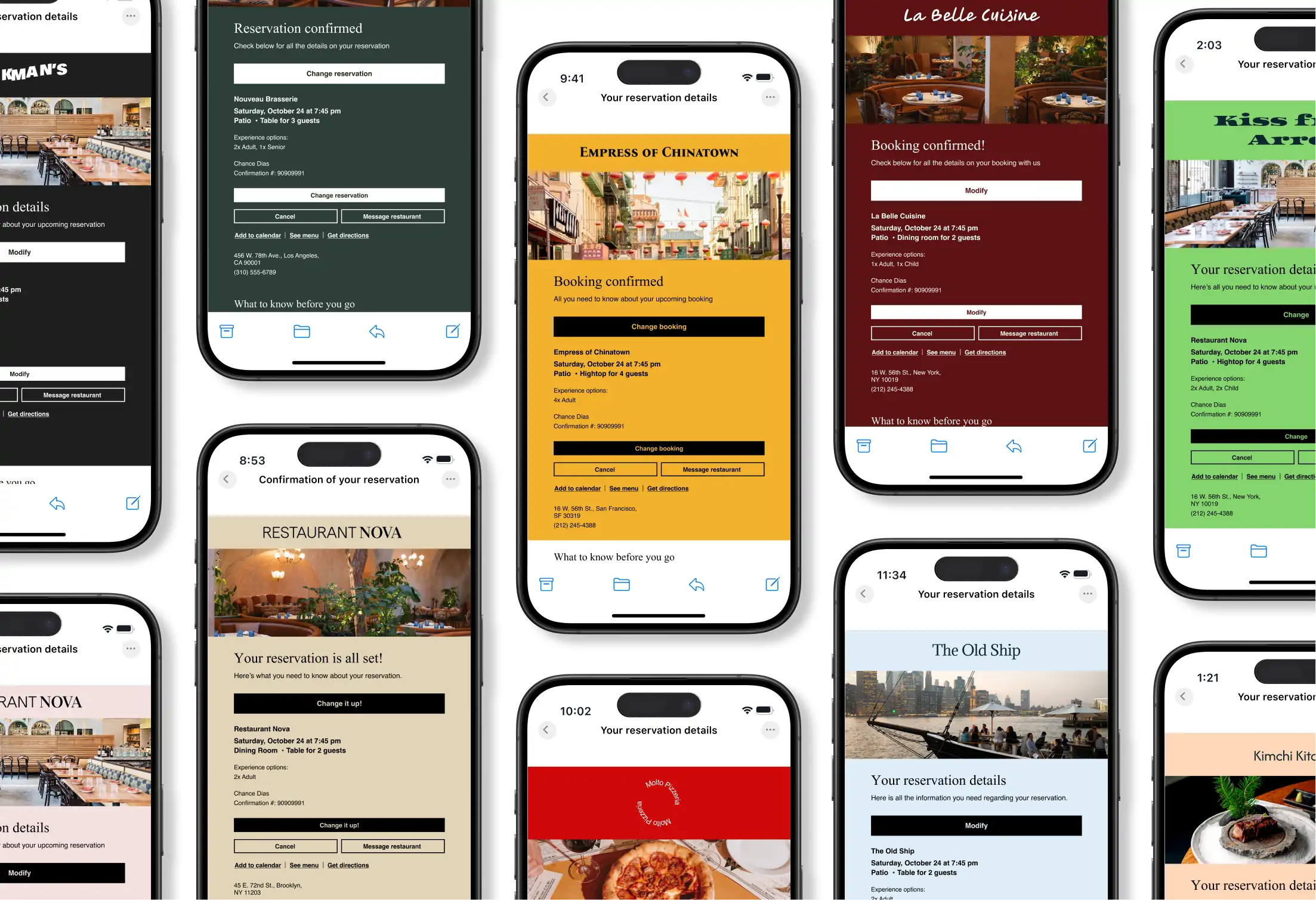A grid of smartphones, each showing a uniquely branded restaurant reservation confirmation, demonstrating how OpenTable's tools keep a restaurant's brand front and center.