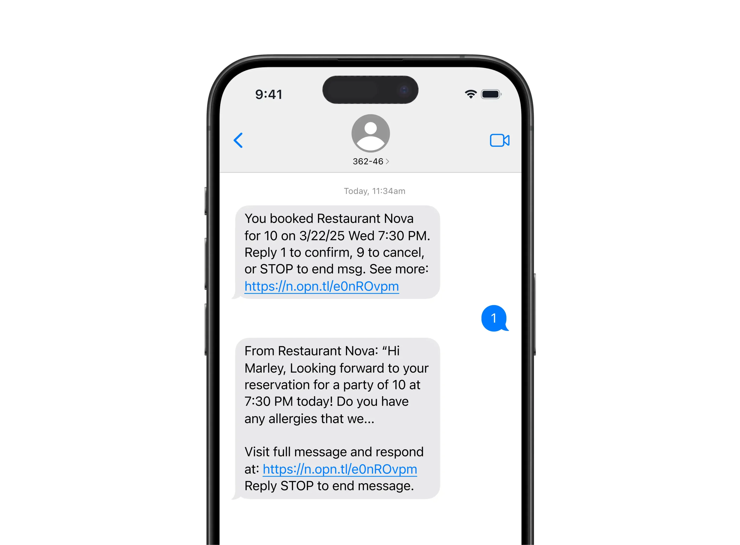 A smartphone showing an example of OpenTable's SMS Messaging feature: an automated reservation confirmation, followed by a personalized follow-up message from the restaurant asking about guest allergies.